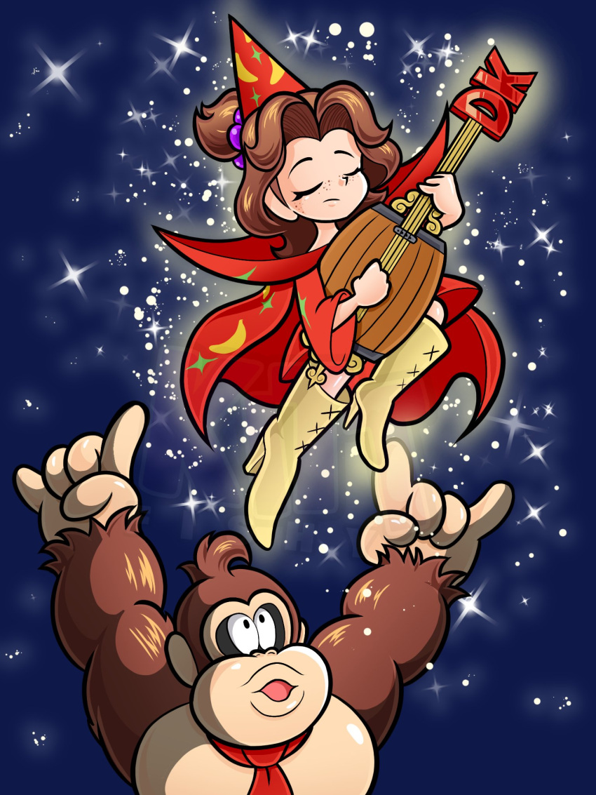 1boy, 1girl, \m/, boots, brown_hair, closed_eyes, coat, crossover