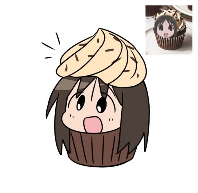 1girl, azumanga_daioh, black_eyes, brown_hair, chocolate, chocolate_sprinkles, cupcake, farhan_melukis, food, happy, head_only, icing, kasuga_ayumu, long_hair, open_mouth, photo-referenced, shout_lines, simple_background, sprinkles, vanilla, vanilla_icing, white_background