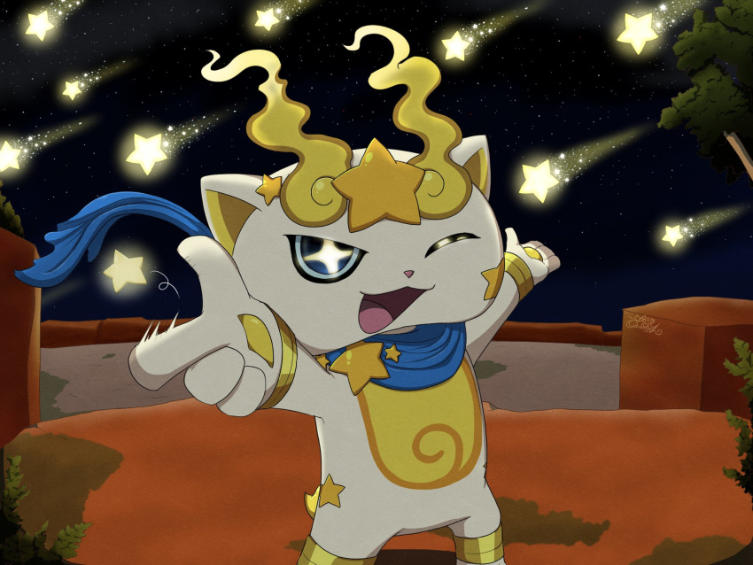 animal_ears, blue_scarf, businyan_teetee, falling_star, highres, kirakoma, looking_at_viewer, no_humans, one_eye_closed, open_mouth, pointing, scarf, solo, star_(symbol), white_fur, youkai_(youkai_watch), youkai_watch