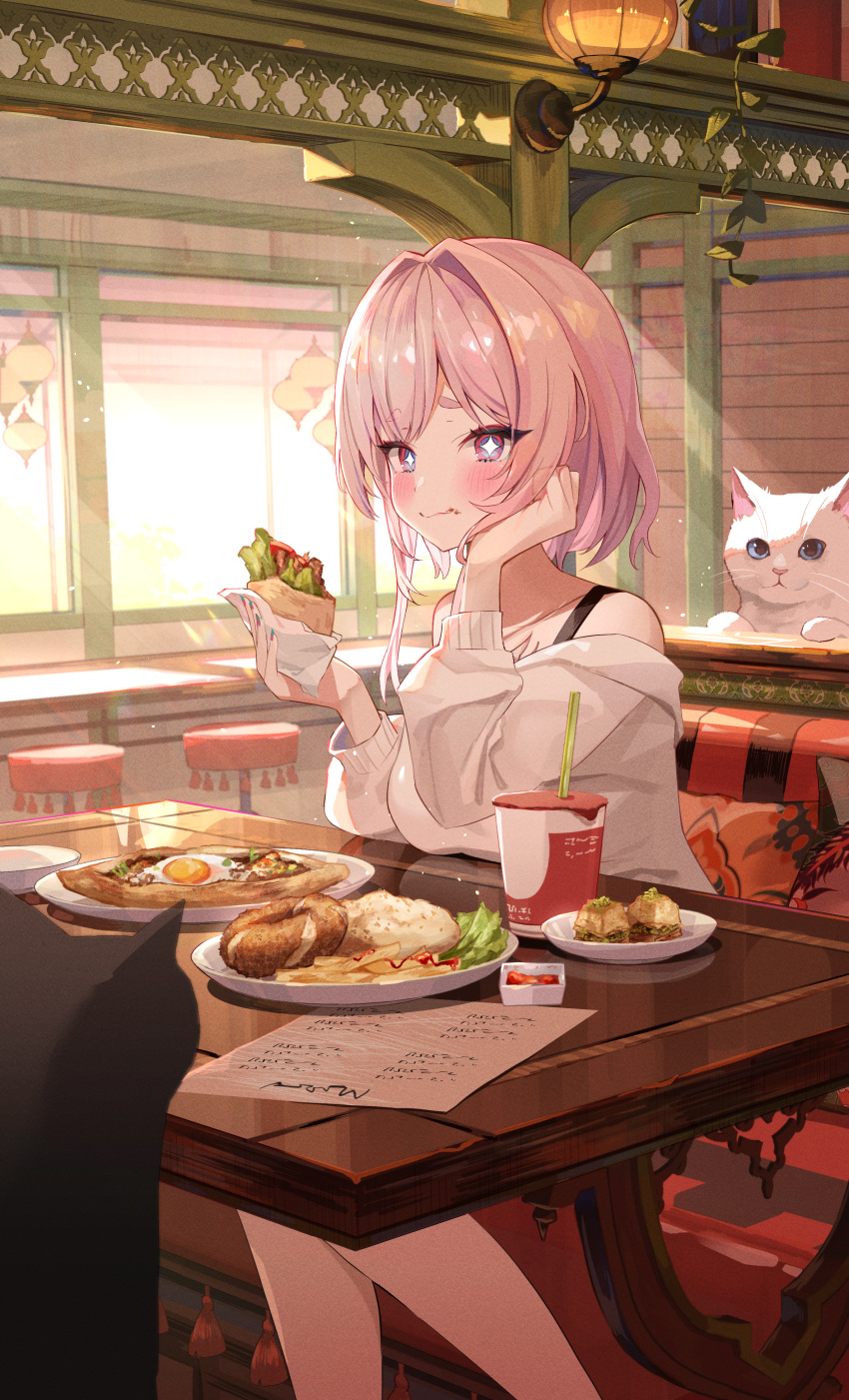 +_+, 1girl, absurdres, animal, black_cat, blue_eyes, blush, booth_seating