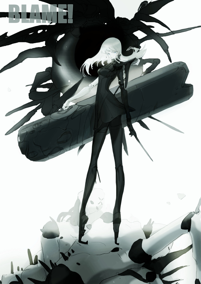 1girl, black_dress, blame!, chinese_commentary, cibo, commentary, copyright_name, cyborg, dress, floating_hair, from_side, full_body, high_collar, highres, holding, holding_wand, holding_weapon, joints, legs_apart, long_hair, looking_at_viewer, looking_back, looking_to_the_side, mechanical_arms, mechanical_legs, mismatched_arms, robot_joints, safeguard_(blame!), simple_background, solo, standing, tanjidao, tiptoes, wand, weapon, white_hair