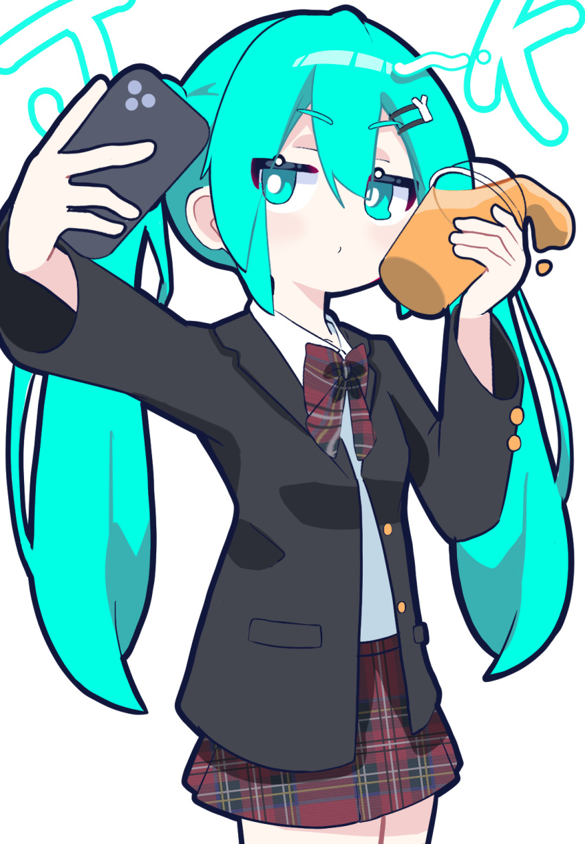 1girl, aqua_hair, black_jacket, blazer, bow, bowtie, bright_pupils, cellphone
