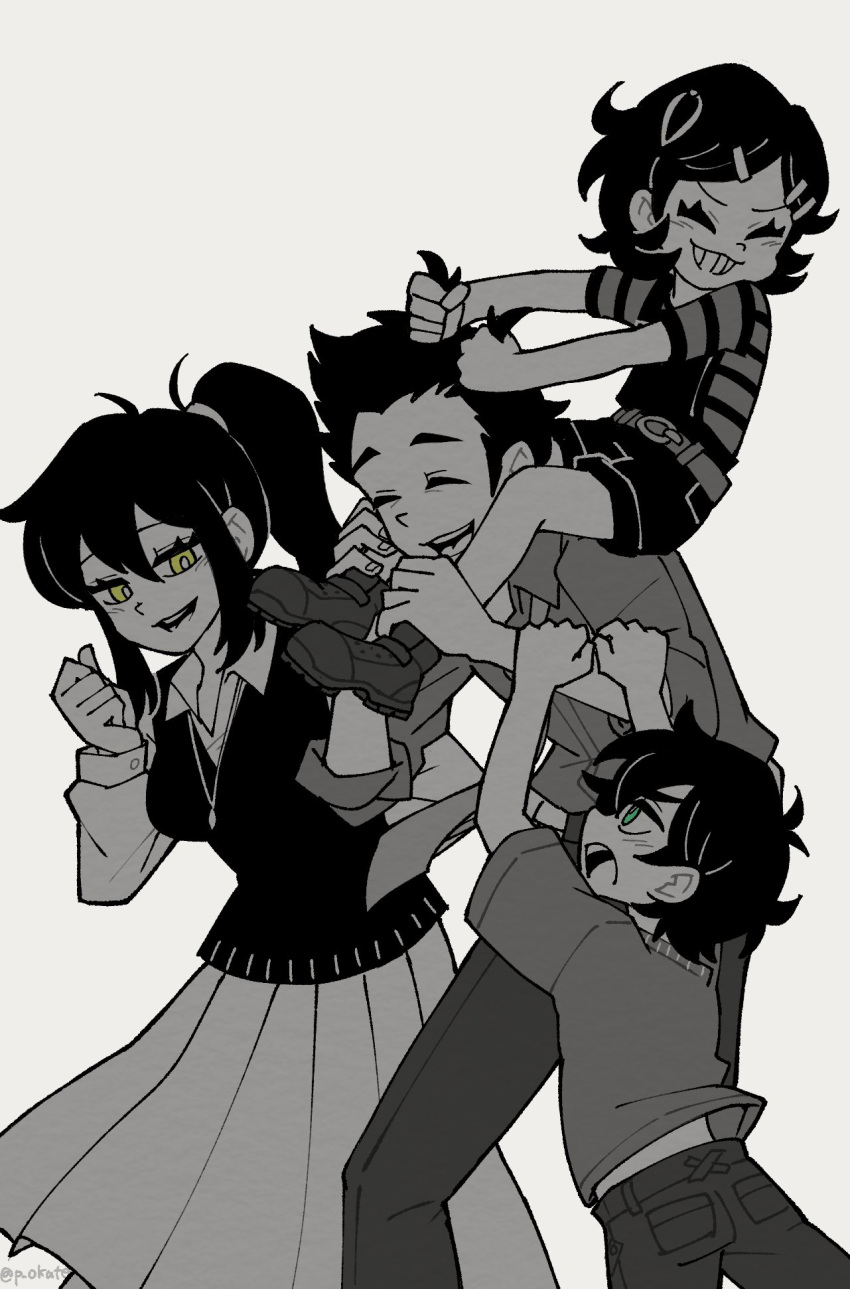 2boys, 2girls, aged_down, alternate_universe, andrew_graves, arms_around_neck, ashley_graves, black_hair, brother_and_sister, carrying, carrying_person, child, douglas_graves, hair_ornament, hairclip, highres, husband_and_wife, long_skirt, long_sleeves, mother_and_son, multiple_boys, multiple_girls, overall_shorts, overalls, p_okate, piggyback, ponytail, renee_graves, short_hair, siblings, skirt, sweater, the_coffin_of_andy_and_leyley