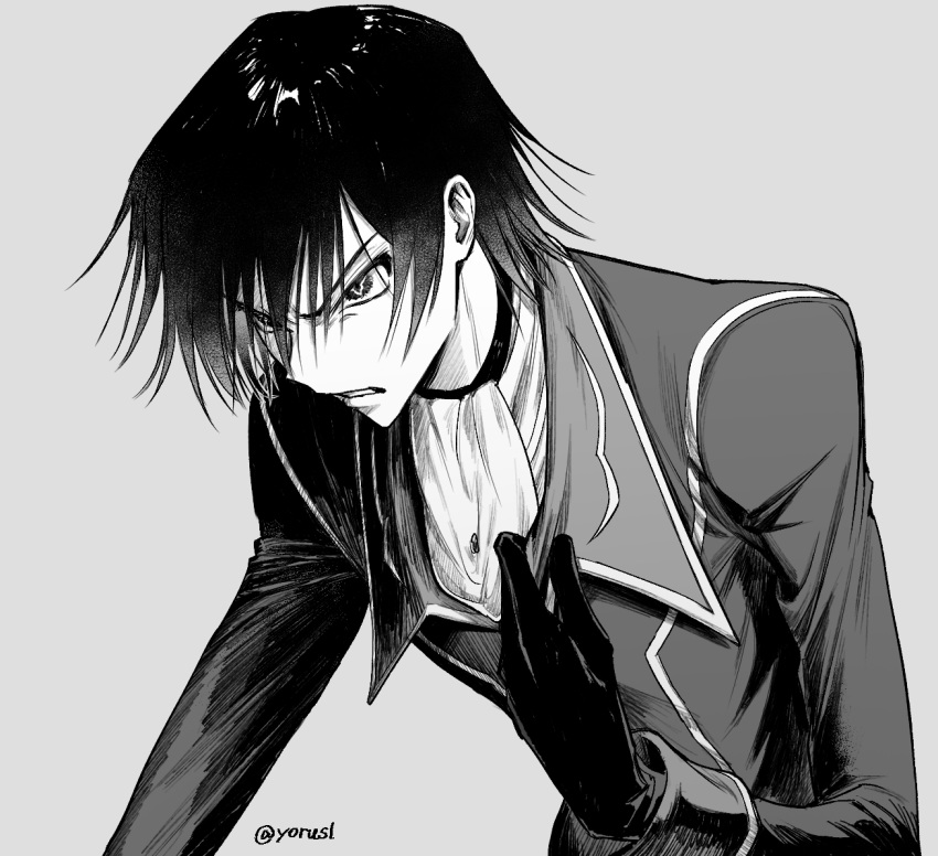 1boy, angry, ascot, clenched_teeth, code_geass, geass, gloves, greyscale