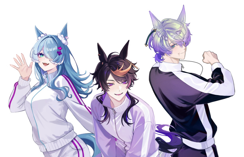 1girl, 2boys, absurdres, animal_ears, black_jacket, blue_hair, blush, breasts