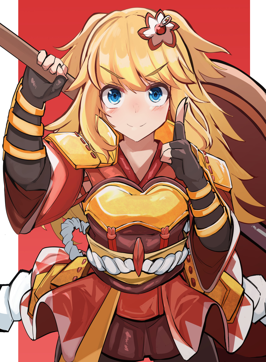1girl, absurdres, armor, axe, black_gloves, blonde_hair, blue_eyes, blush