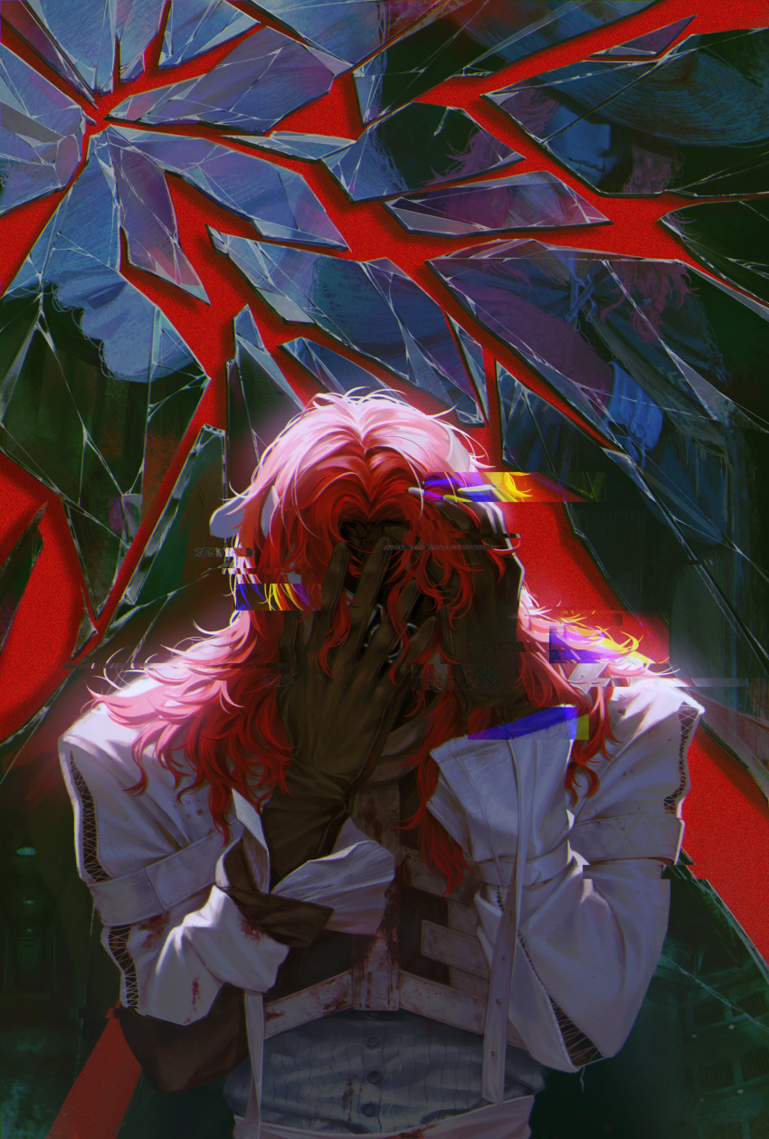 1boy, absurdres, aleph_(reverse:1999), black_gloves, broken_mirror, covered_face, covering_face, crack, cracked_glass, facing_viewer, glass_shards, glitch, gloves, hands_on_own_face, highres, long_hair, male_focus, merlin_(reverse:1999), milo_(milo_8142), mirror, red_background, red_hair, reverse:1999, shirt, solo, upper_body, white_shirt