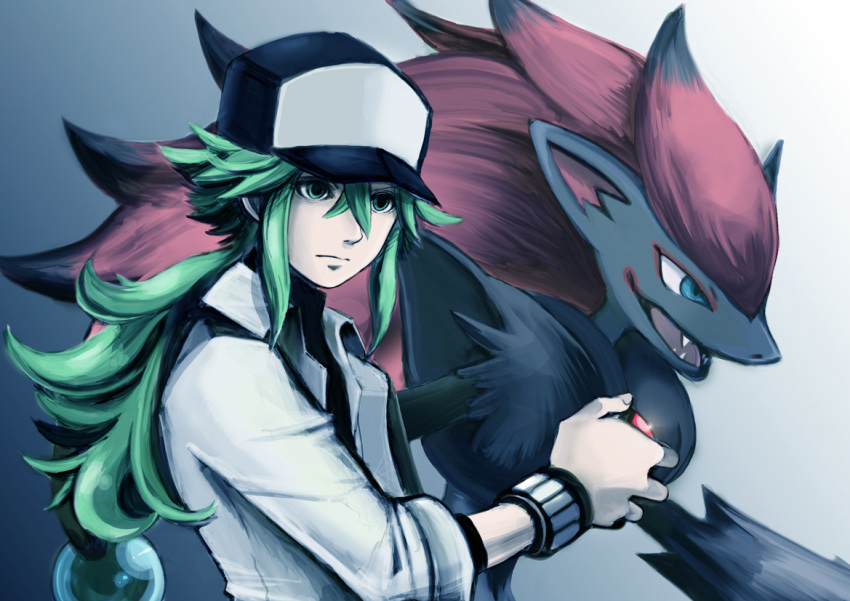 1boy, baseball_cap, blue_eyes, green_eyes, green_hair, hat, long_hair, moggy-cat, n_(pokemon), poke_ball, pokemon, pokemon_(creature), pokemon_(game), pokemon_black_and_white, pokemon_bw, simple_background, zoroark