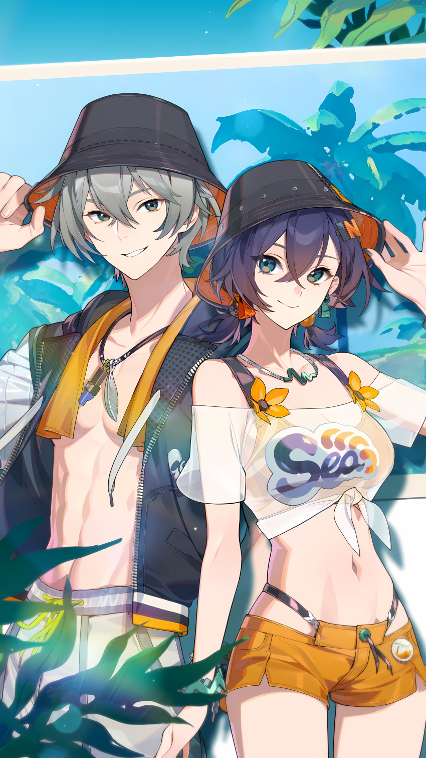1boy, 1girl, absurdres, belle_(summer_skies)_(zenless_zone_zero), belle_(zenless_zone_zero), bikini, bikini_top_under_shirt, bikini_under_shorts, black_hat, blue_hair, brother_and_sister, bucket_hat, commentary_request, crop_top, earrings, green_eyes, grey_hair, hair_between_eyes, hair_ornament, hat, highres, jacket, jewelry, letter_hair_ornament, looking_at_viewer, navel, off-shoulder_shirt, off_shoulder, official_alternate_costume, official_art, open_clothes, orange_bikini, orange_shorts, see-through_clothes, see-through_shirt, shirt, short_hair, shorts, siblings, stomach, swimsuit, white_shirt, wise_(peaceful_waves)_(zenless_zone_zero), wise_(zenless_zone_zero), zenless_zone_zero