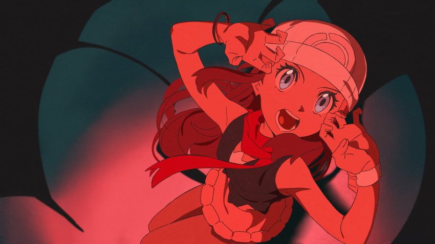 1girl, arms_up, beanie, black_background, black_hair, black_shirt, blue_eyes, bracelet, cleavage_cutout, clothing_cutout, facing_to_the_side, grey_background, grey_thighhighs, hands_up, hat, highres, hikari_(pokemon), jewelry, kneeling, liam_(lhzur), long_bangs, long_hair, looking_up, on_ground, open_hand, open_mouth, outstretched_arms, pink_skirt, pokemon, pokemon_dppt, red_light, red_scarf, scarf, shirt, skirt, sleeveless, sleeveless_shirt, spotlight, thigh-highs, turning_head, watch, watch, white_hat
