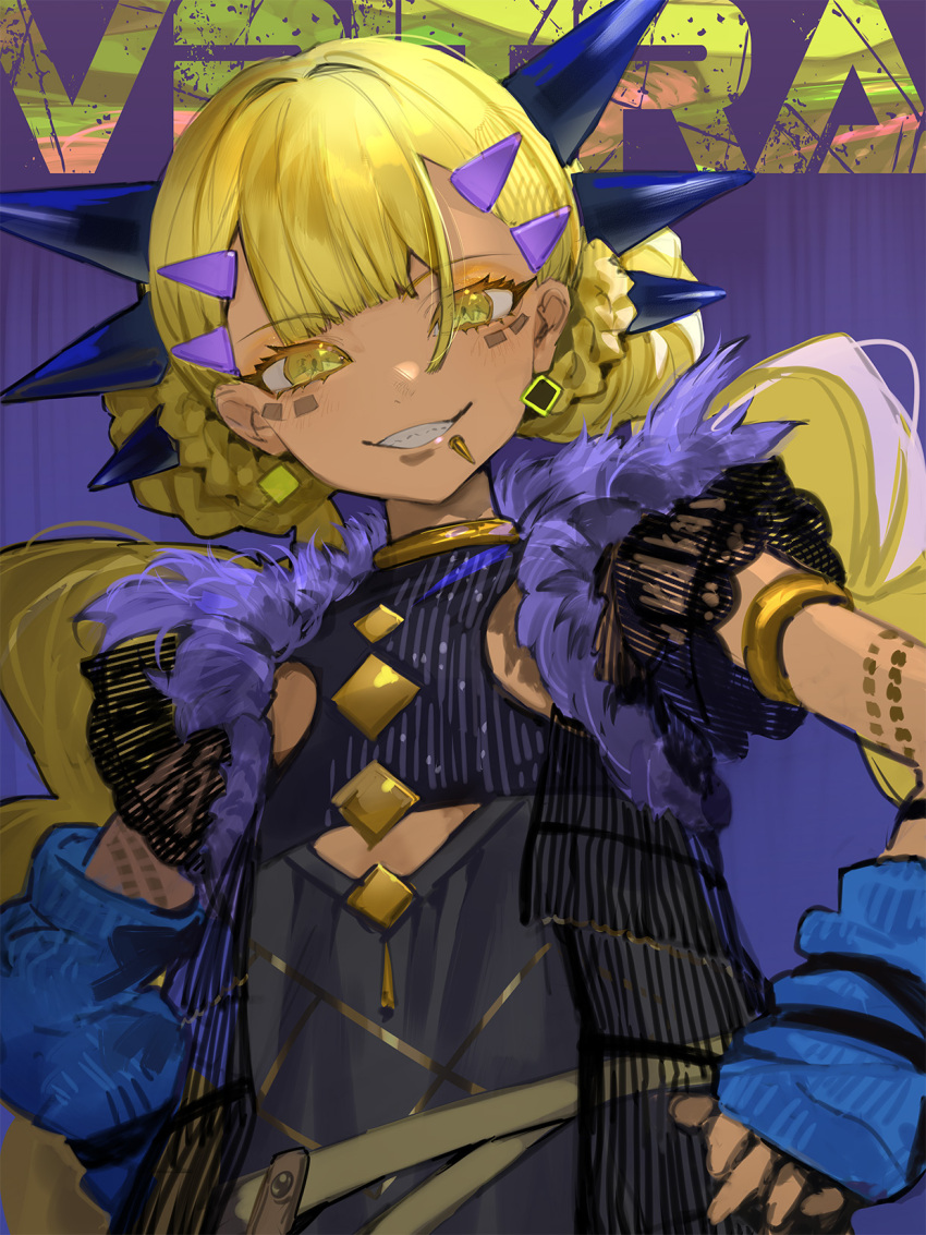 1girl, aged_down, belt, black_shirt, black_shorts, blonde_hair, blue_arm_warmers, body_markings