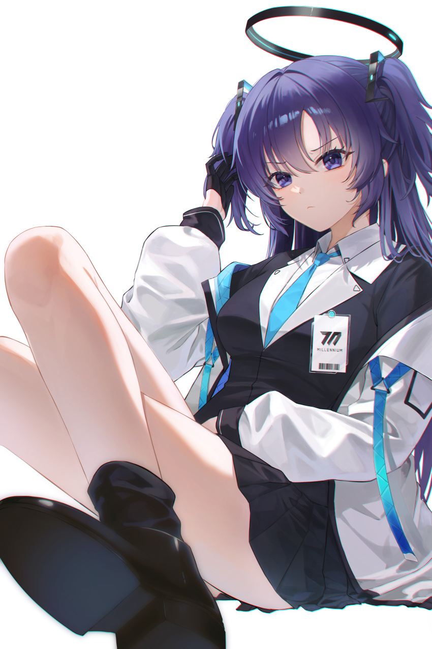 1girl, absurdres, black_gloves, black_shoes, black_skirt, black_socks, blue_archive, blue_necktie
