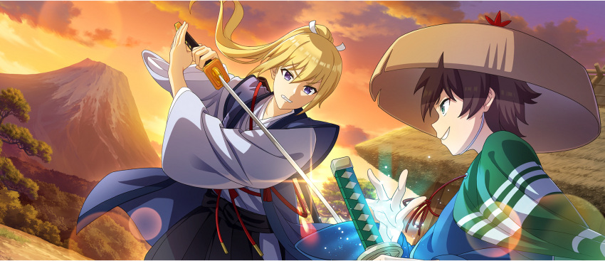 2boys, black_hakama, blue_eyes, blue_kimono, brown_hair, cape, clenched_teeth, clouds