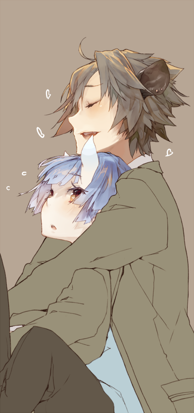 animal-ears, blue_hair, blush, brown_hair, closed_eyes, eyes_closed, heart, horns, hug, ji_no, original, simple_background, sweatdrop