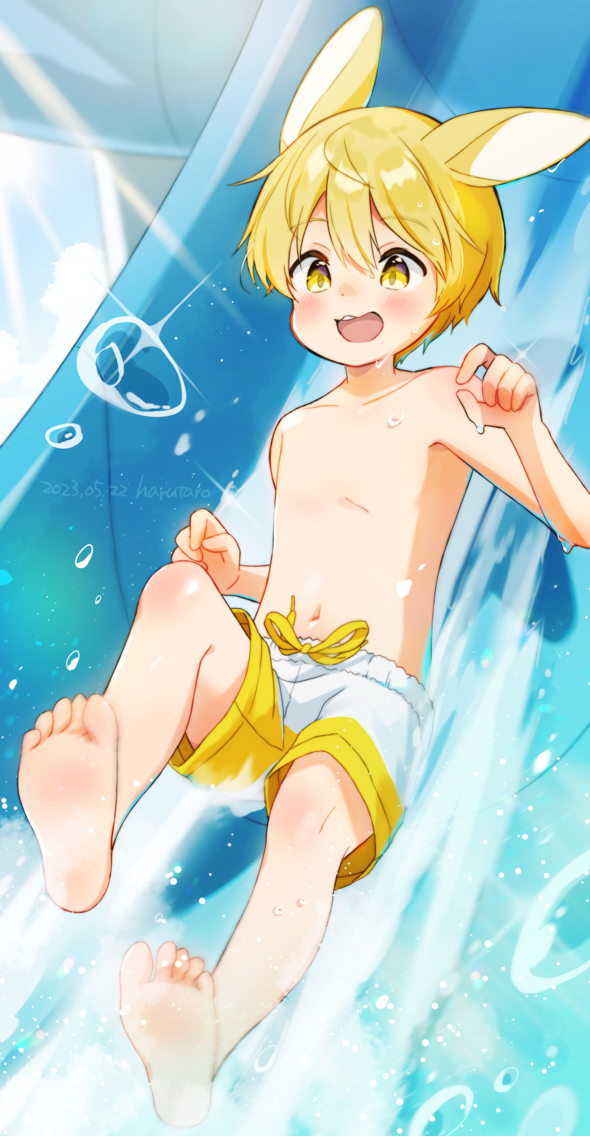 1boy, absurdres, animal_ears, arm_up, barefoot, collarbone, commentary_request, far_tarooo, highres, male_focus, male_swimwear, navel, noru_(far_tarooo), open_mouth, original, rabbit_boy, rabbit_ears, smile, swim_trunks, teeth, tongue, topless_male, upper_teeth_only, water, water_drop, water_slide, yellow_eyes