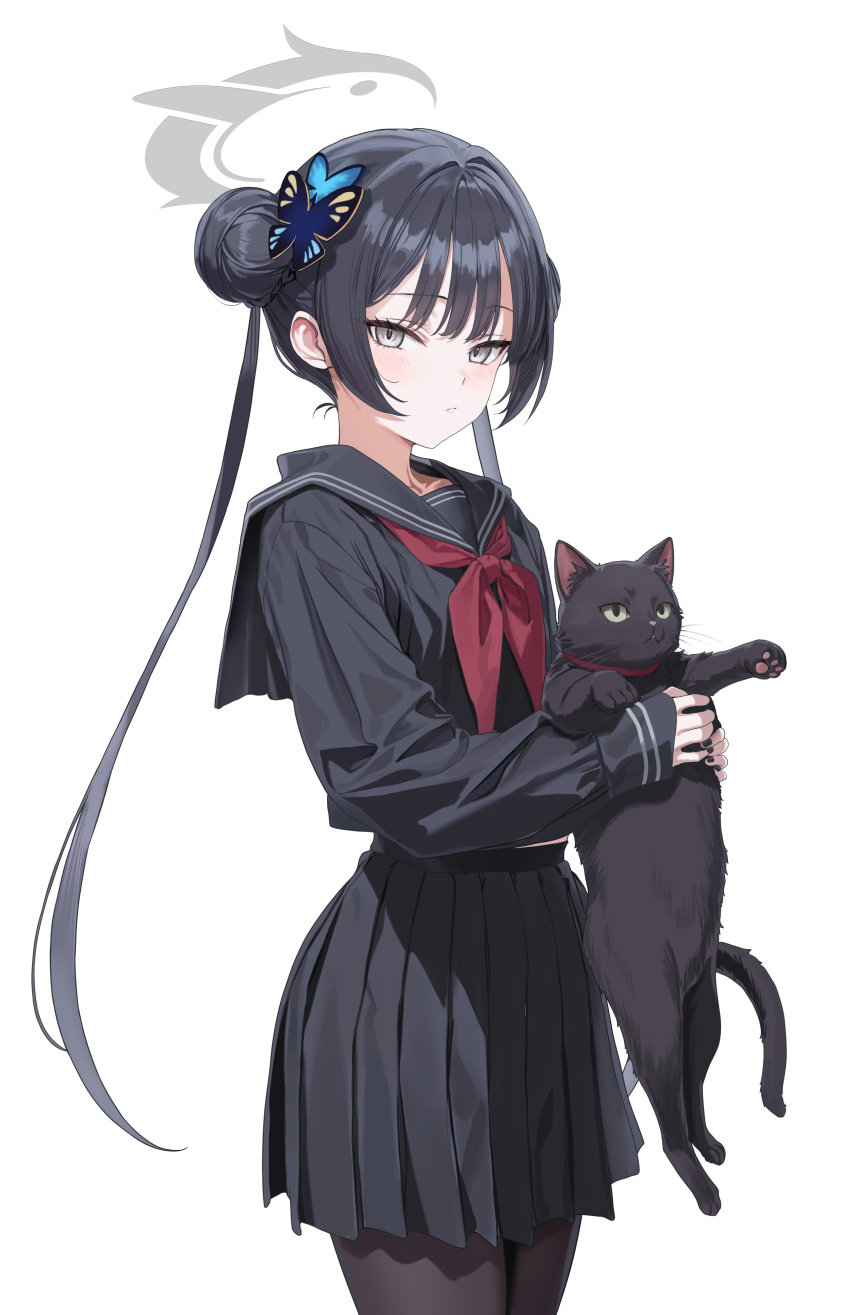 1girl, absurdres, alternate_costume, animal, black_cat, black_hair, black_pantyhose, black_sailor_collar