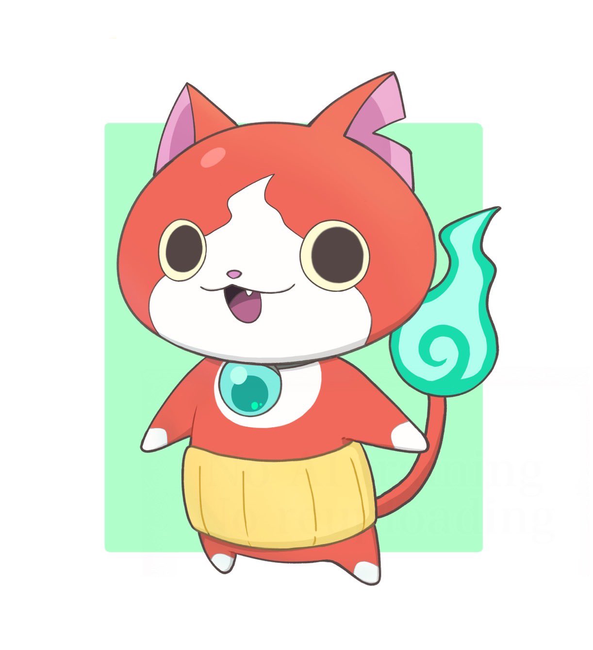 fang, fire, flame-tipped_tail, green_background, green_fire, haramaki, highres, hitodama, jibanyan, looking_at_viewer, matukita_618, no_humans, notched_ear, open_mouth, red_fur, solo, tail, two-tone_background, two-tone_fur, white_background, white_fur, youkai_(youkai_watch), youkai_watch