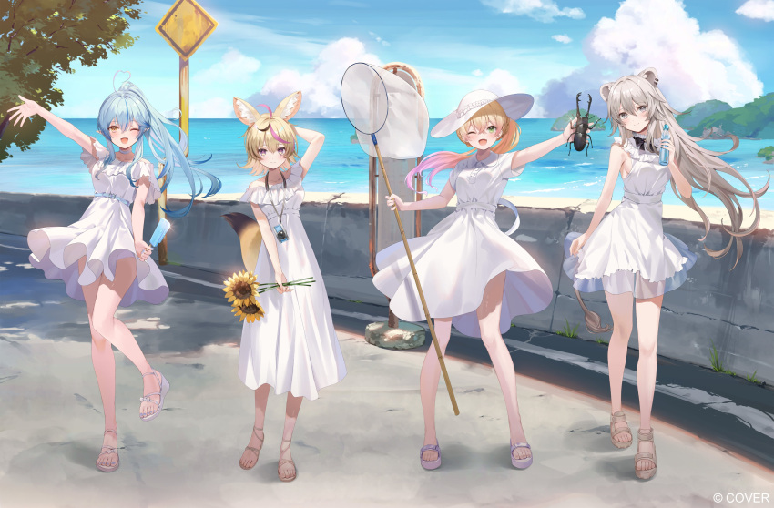 4girls, absurdres, ahoge, animal_ear_fluff, animal_ears, arm_behind_head, black_bow, black_bowtie
