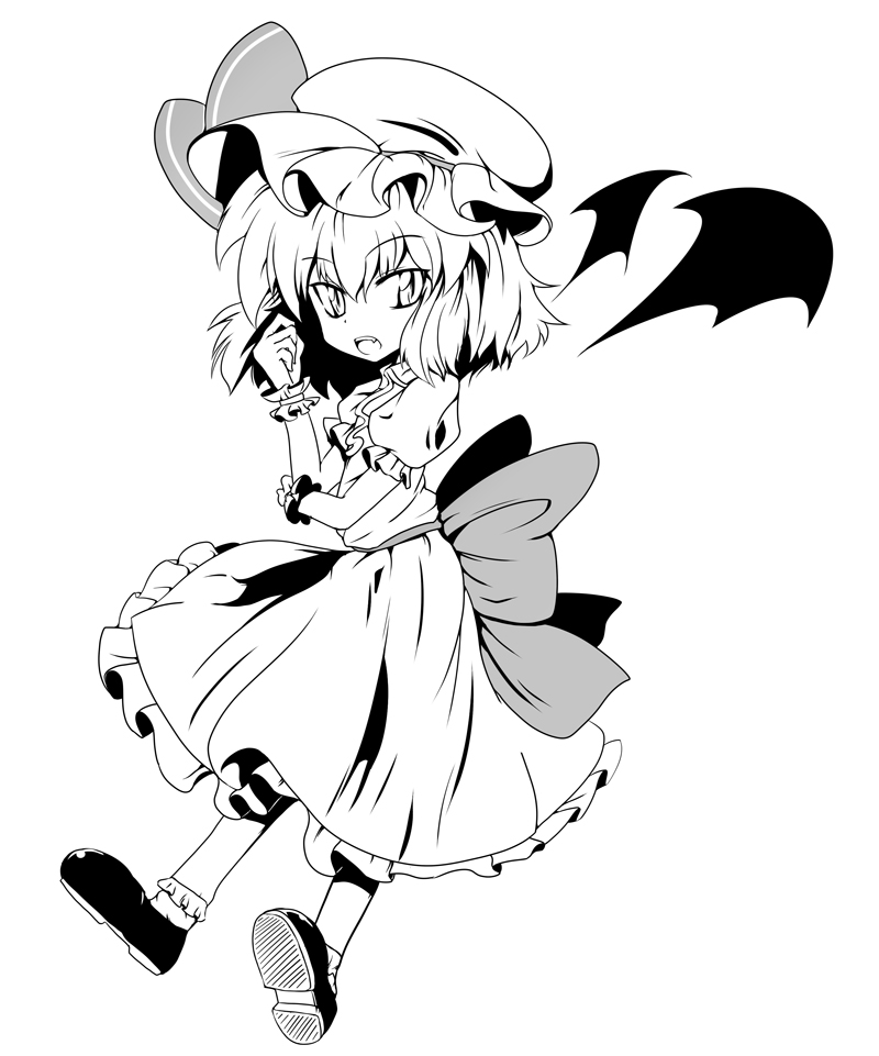 bat_wings, chibi, fang, futoshi_(fishhouse), monochrome, open_mouth, remilia_scarlet, short_hair, simple_background, slit_pupils, solo, touhou, wings, wrist_cuffs
