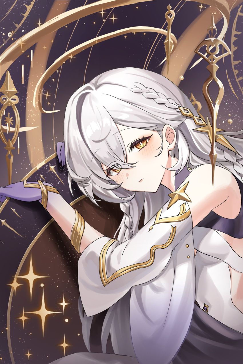 1girl, absurdres, astronomical_clock, bare_shoulders, blue_hands, blush, braid, breasts