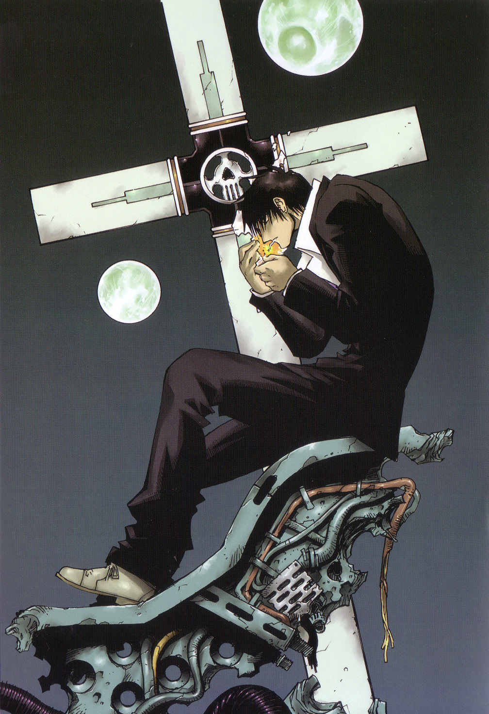 1boy, black_hair, black_suit, cigarette, cross, cross_punisher, full_moon, highres