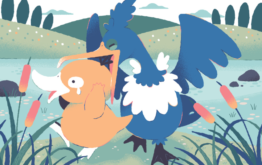 animal_focus, biting_another's_head, cattail, commentary_request, cramorant, crying, full_body, green_eyes