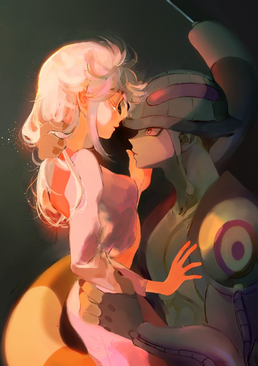 1boy, 1girl, arthropod_boy, breasts, closed_eyes, dress, facing_another, fewer_digits