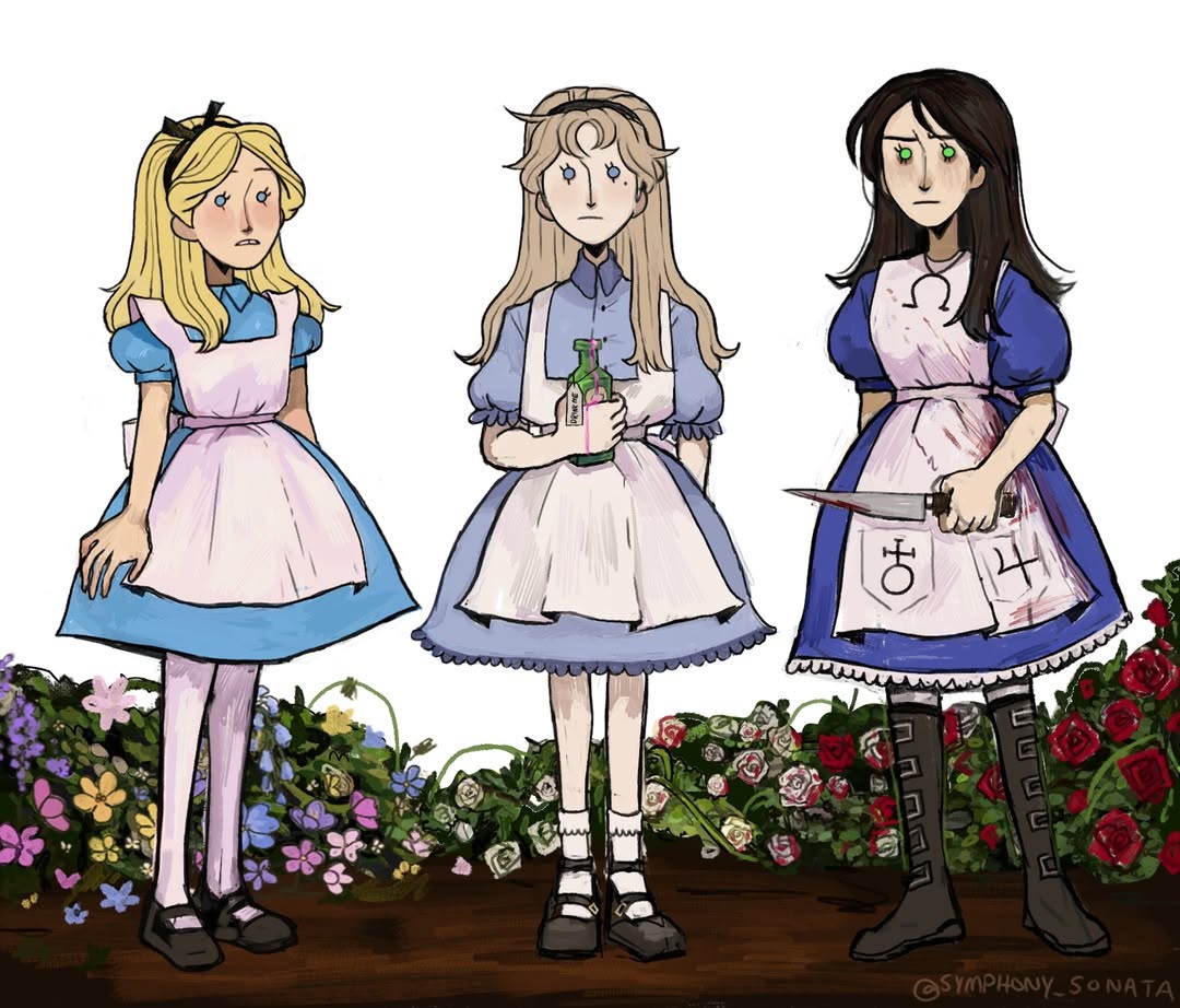 >:(, 3girls, :|, alice's_adventures_in_wonderland, alice:_madness_returns, alice_(alice_in_wonderland), alice_(habromania), alice_liddell_(american_mcgee's_alice), american_mcgee's_alice, ankle_socks, apron, back_ribbon, bangs_pinned_back, black_boots, black_hair, black_hairband, black_ribbon, black_shoes, blonde_hair, blood, blood_on_clothes, blood_on_weapon, bloody_apron, blue_dress, blue_eyes, boots, bottle, closed_mouth, collared_dress, colored_skin, dress, drink_me, dripping, flower, flower_bush, frilled_dress, frills, green_eyes, habromania, hairband, holding, holding_bottle, holding_weapon, jewelry, knife, light_blush, long_hair, long_nose, mary_janes, medium_hair, messy_bangs, messy_hair, mole, mole_under_eye, multiple_girls, necklace, pale_skin, pink_liquid, potion, puffy_short_sleeves, puffy_sleeves, red_flower, red_rose, ribbon, rose, shoes, short_sleeves, socks, soil, standing, striped_clothes, striped_thighhighs, symphony_sonata, thigh-highs, tooth_gap, v-shaped_eyebrows, weapon, white_apron, white_background, white_flower, white_rose, white_skin, white_socks