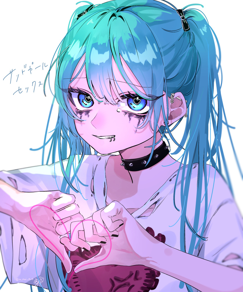 1girl, absurdres, ame_namida, barbell_piercing, blue_eyes, blue_hair, bow, bridge_piercing