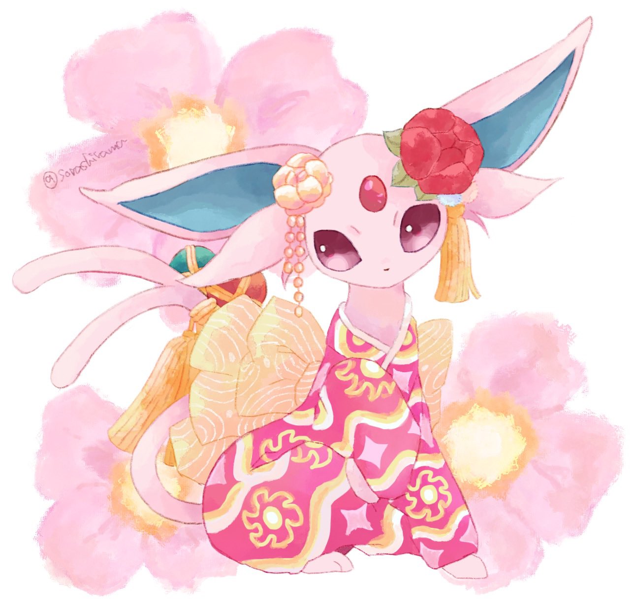 animal_focus, clothed_pokemon, commentary_request, espeon, espeon_(pokebuki), flower, forked_tail, highres