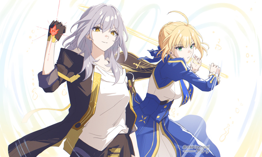 2girls, absurdres, artoria_pendragon_(fate), asiri_senpai, black_gloves, black_jacket, blonde_hair, blue_shrug