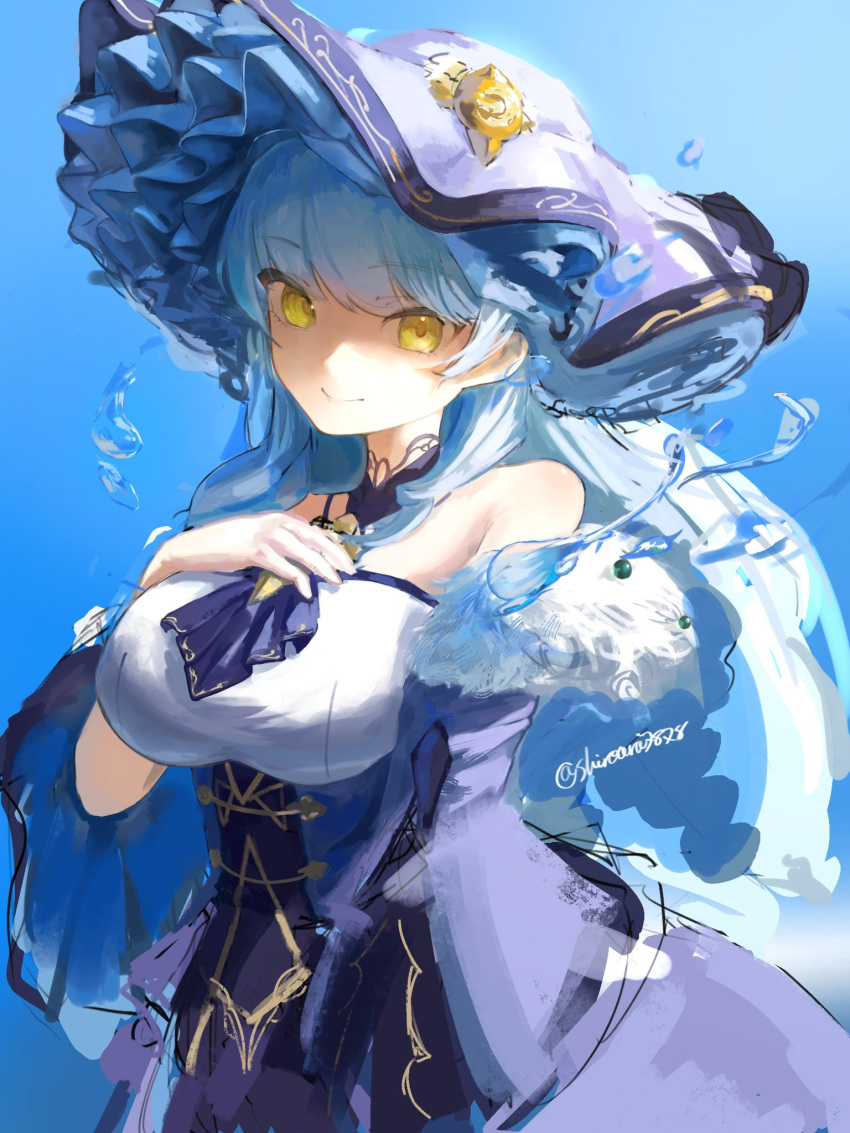 1girl, artist_name, bare_shoulders, blue_dress, blue_hair, blue_hat, breasts, dress