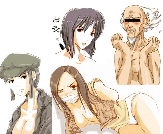 arms_behind_back, bald, bangs, bare_shoulders, beard, black_hair, blunt_bangs, blush