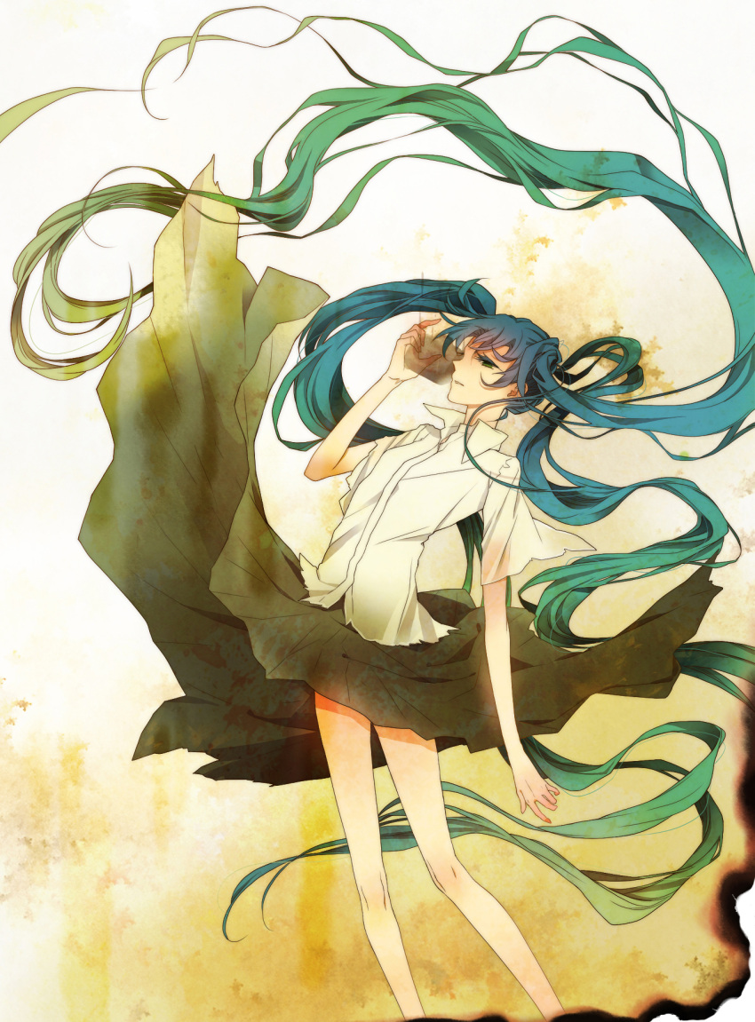 bad_id, bare_legs, blue_hair, floating_hair, gradient_hair, green_eyes, hatsune_miku, highres, kingyo_(pixiv246106), long_hair, multicolored_hair, naoto_(tulip), shirt, short_sleeves, twintails, very_long_hair, vocaloid, white_shirt