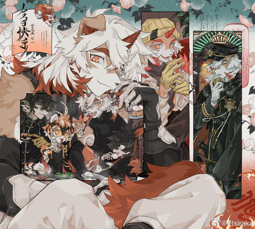 1girl, 3boys, aak_(arknights), animal_ears, arknights, beanie, black_coat, black_gloves, black_hat, braid, chinese_commentary, chinese_text, coat, colored_tips, commentary_request, dragon_boy, dragon_ears, dragon_horns, fins, fish_tail, fur-trimmed_jacket, fur_trim, furry, furry_female, furry_male, gloves, hat, highres, horns, hung_(arknights), hung_(just_a_driver)_(arknights), jacket, komainu_boy, komainu_ears, komainu_tail, lee_(arknights), looking_at_viewer, multicolored_hair, multiple_boys, official_alternate_costume, open_mouth, pants, shirt, single_horn, sirakaro, sleeveless, sleeveless_shirt, smile, tail, tiger_ears, tiger_girl, tiger_stripes, translation_request, waai_fu_(arknights), watermark, weibo_watermark, white_gloves, white_jacket, white_pants, yellow_gloves, yellow_hat