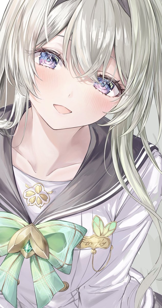 1girl, black_hairband, black_sailor_collar, blue_pupils, blush, bow, bowtie, buttons