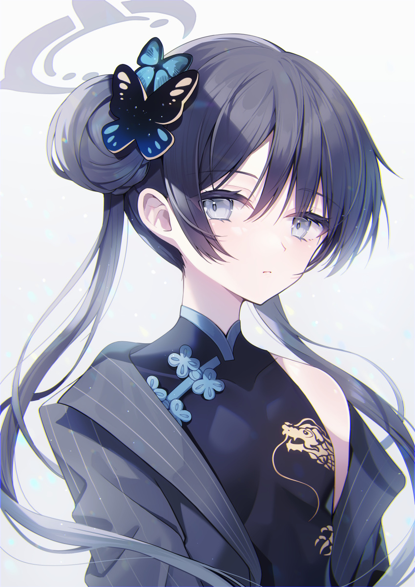 1girl, absurdres, black_dress, black_hair, black_jacket, blue_archive, butterfly_hair_ornament, china_dress