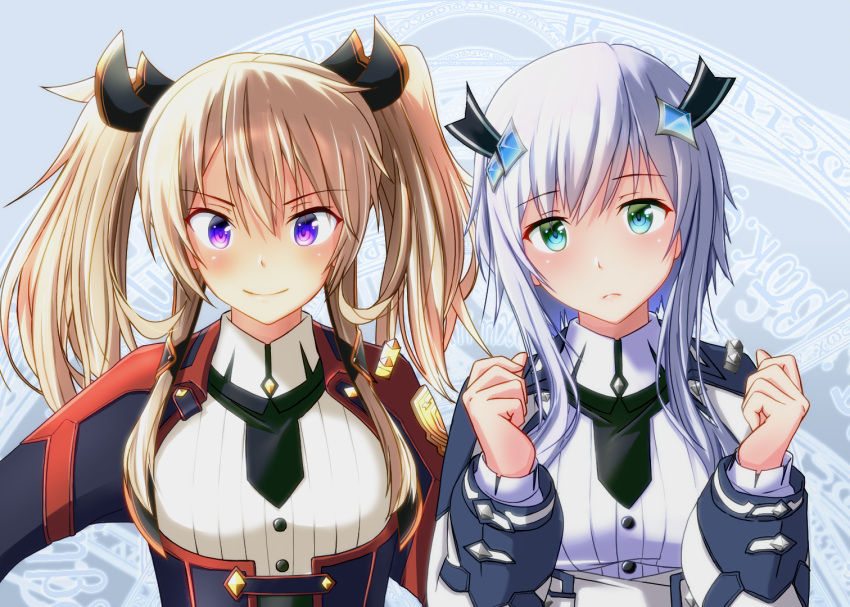 2girls, blonde_hair, blue_eyes, demon_king_academy_school_uniform, facing_viewer, fujish, green_eyes, grey_hair