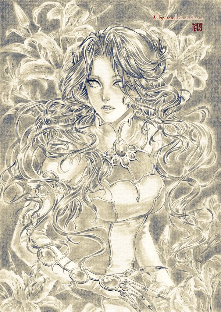 claws, elbow_gloves, face, fangs, flower, gloves, graphite_(medium), lily_(flower)