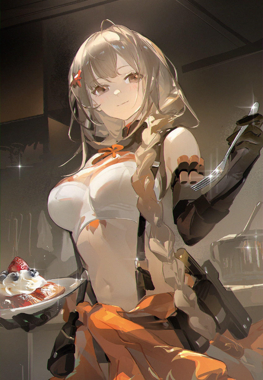 1girl, bare_shoulders, blush, brown_hair, food, fork, fruit, girls'_frontline_2:_exilium
