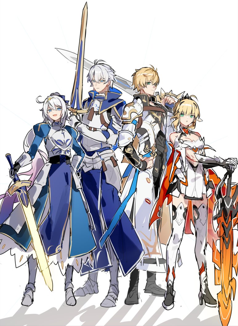 2boys, 2girls, armor, armored_dress, artoria_pendragon_(fate), blue_dress, blue_eyes, breastplate