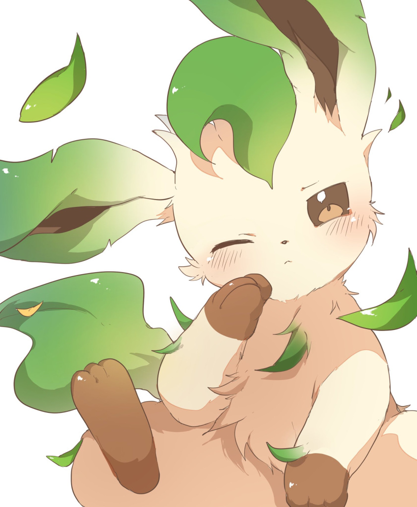 blush, brown_eyes, chi_z_z_z, closed_mouth, commentary_request, highres, leaf, leafeon