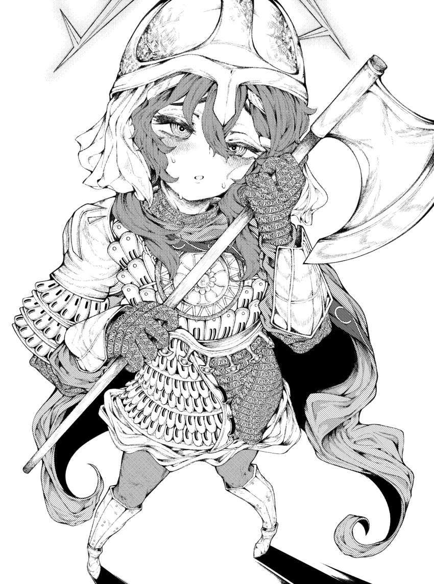 1girl, absurdres, alternate_costume, armor, axe, blue_archive, blush, chainmail