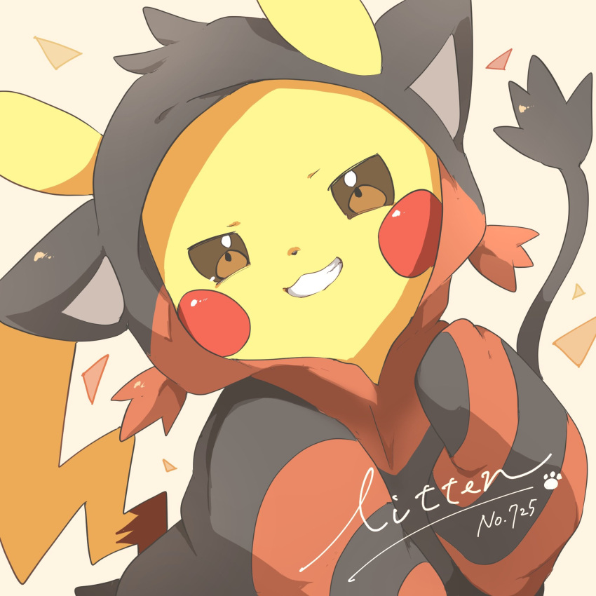 brown_background, brown_eyes, chi_z_z_z, commentary, cosplay, grin, highres, litten, litten_(cosplay), looking_at_viewer, no_humans, pikachu, pokemon, pokemon_(creature), signature, simple_background, smile, solo