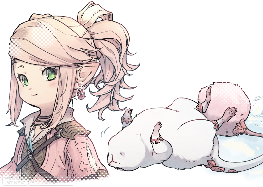 1girl, creature, earrings, final_fantasy, final_fantasy_xiv, fugashi_117, green_eyes, jacket, jewelry, lalafell, looking_at_viewer, lying, nanamo_ul_namo, on_back, pink_hair, pink_jacket, pointy_ears, ponytail, sidelocks, silkie_(ff14), simple_background, smile, upper_body, white_background