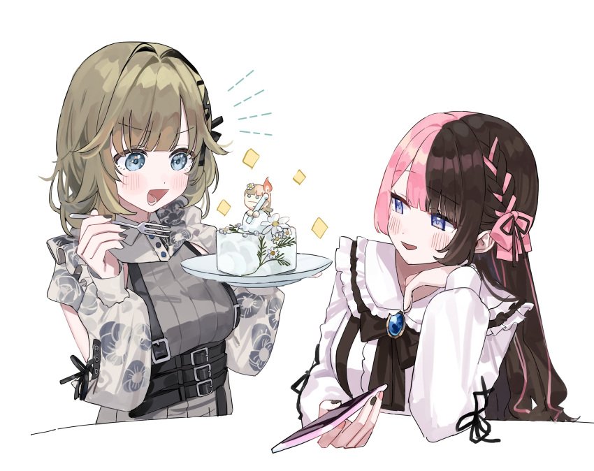 2girls, black_hair, black_nails, blue_eyes, blush, bow, brown_hair, cake