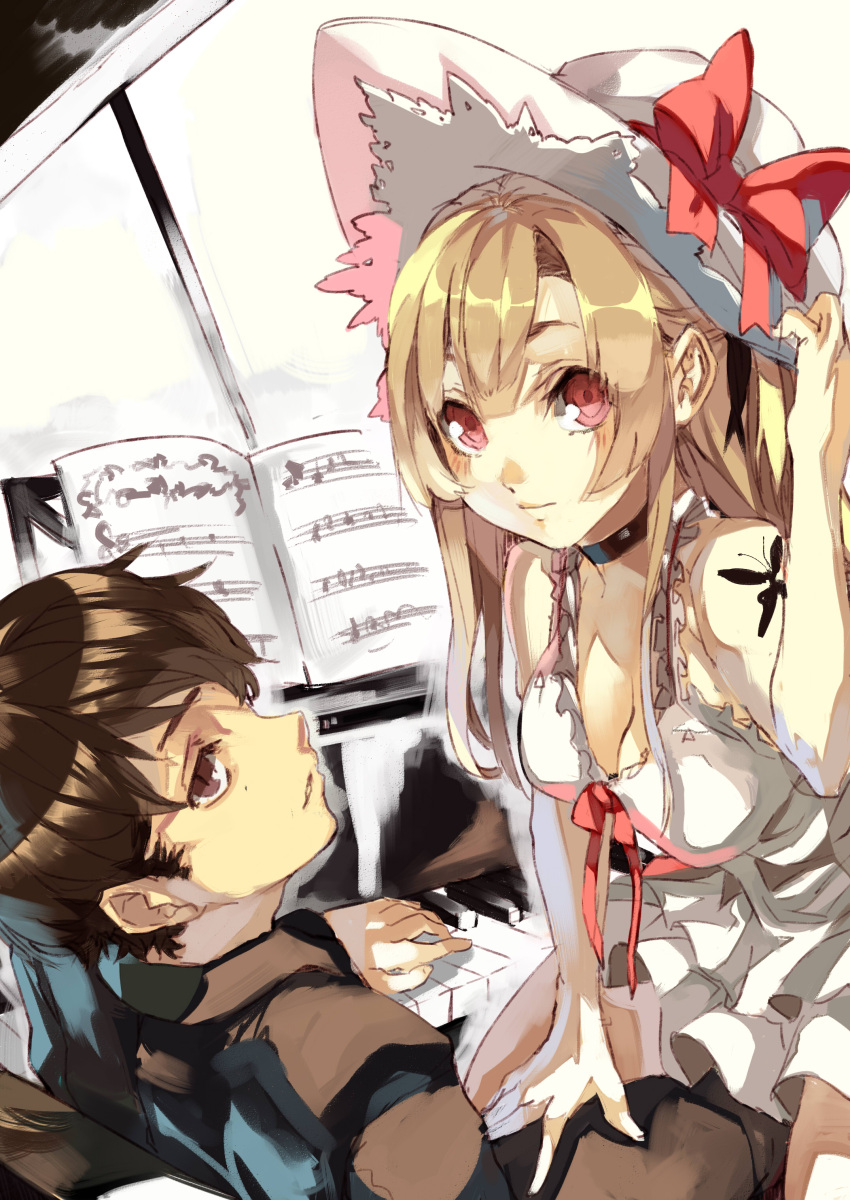 bad_id, blonde_hair, breasts, brown_eyes, brown_hair, choker, cleavage, dress
