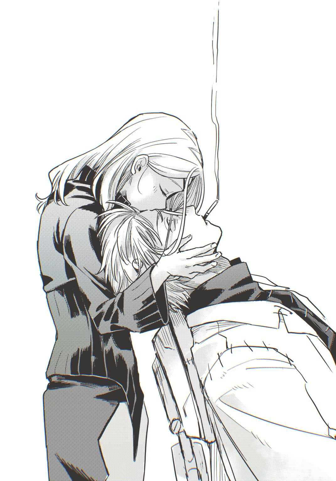 1boy, 1girl, chair, cigarette, closed_eyes, collared_shirt, franken_stein_(soul_eater), glasses