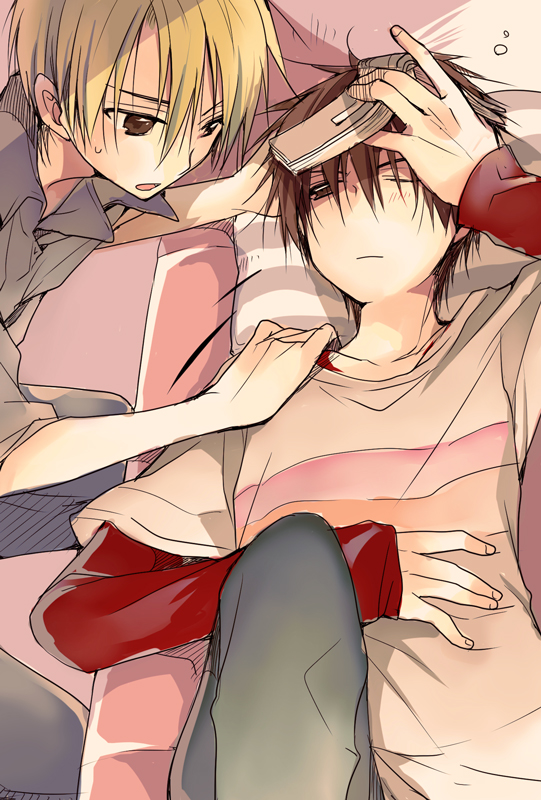 2boys, blonde_hair, book, clip_studio_paint_(medium), ever_17, grey_shirt, hibiki_mio, hokuto_(ever_17)