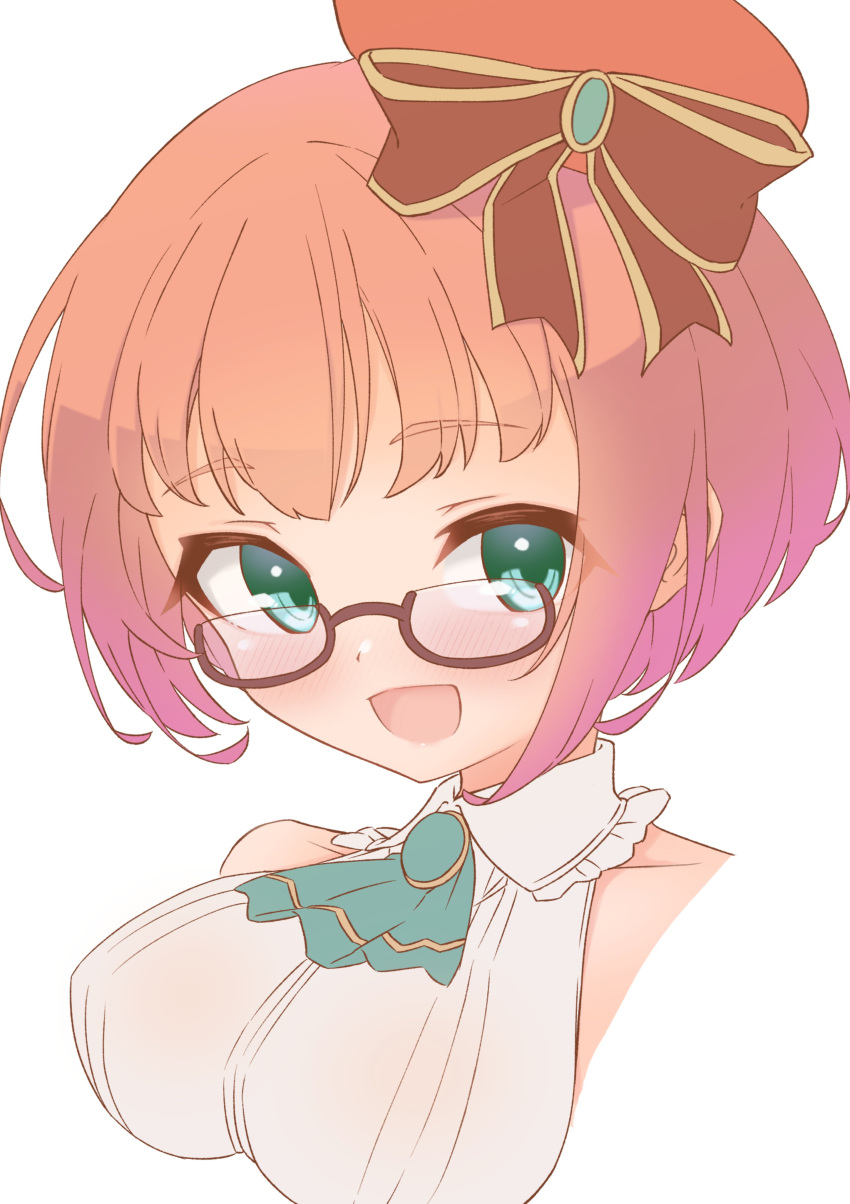 absurdres, bare_shoulders, bow, bowtie, breasts, emil_chronicle_online, glasses, green_eyes, hat, hat_ribbon, highres, large_breasts, looking_at_viewer, matanga_alma, off-shoulder_shirt, off_shoulder, open_mouth, orange_hair, orange_hat, red_ribbon, ribbon, shirt, silver-index, upper_body, white_background